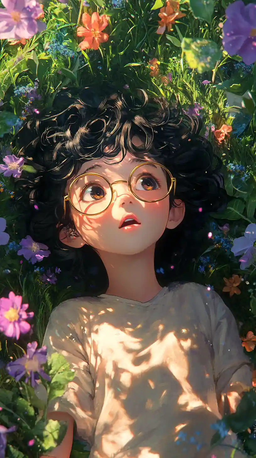Anime girl lying in a magical flower field