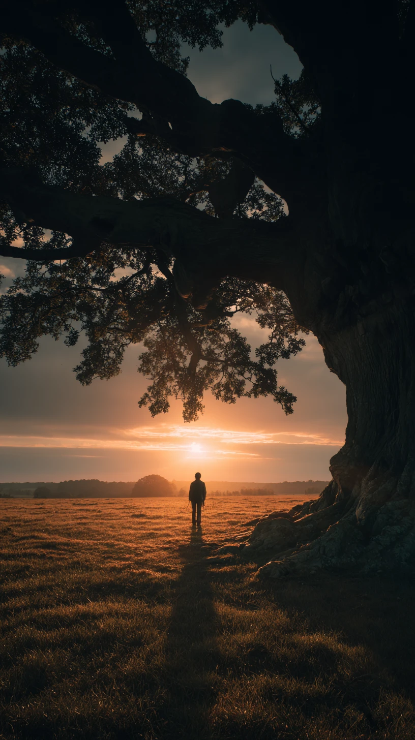 Figura solitaria bajo un árbol antiguo en un campo dorado al atardecer