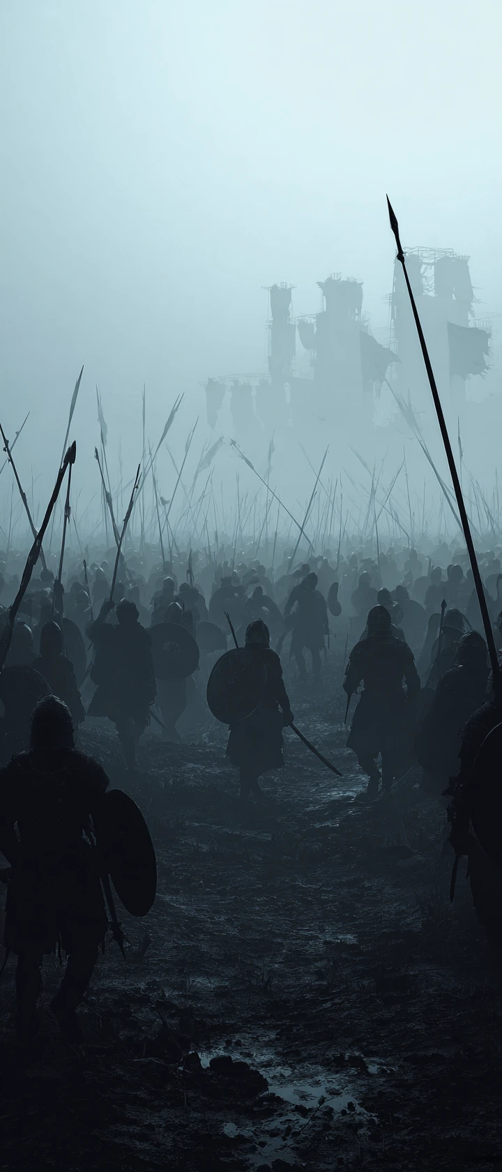 Warriors Lost In Fog On A Bleak Fantasy Battlefield