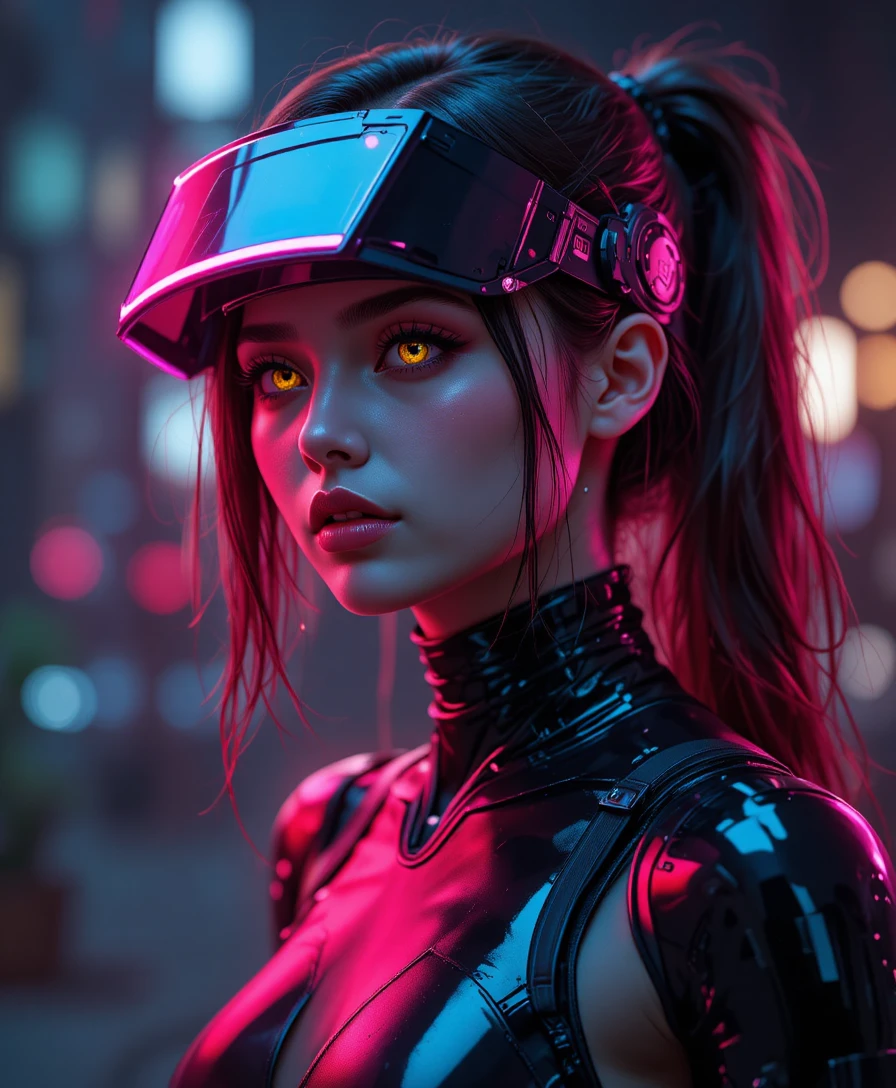 Futuristic woman with neon visor and glowing yellow eyes