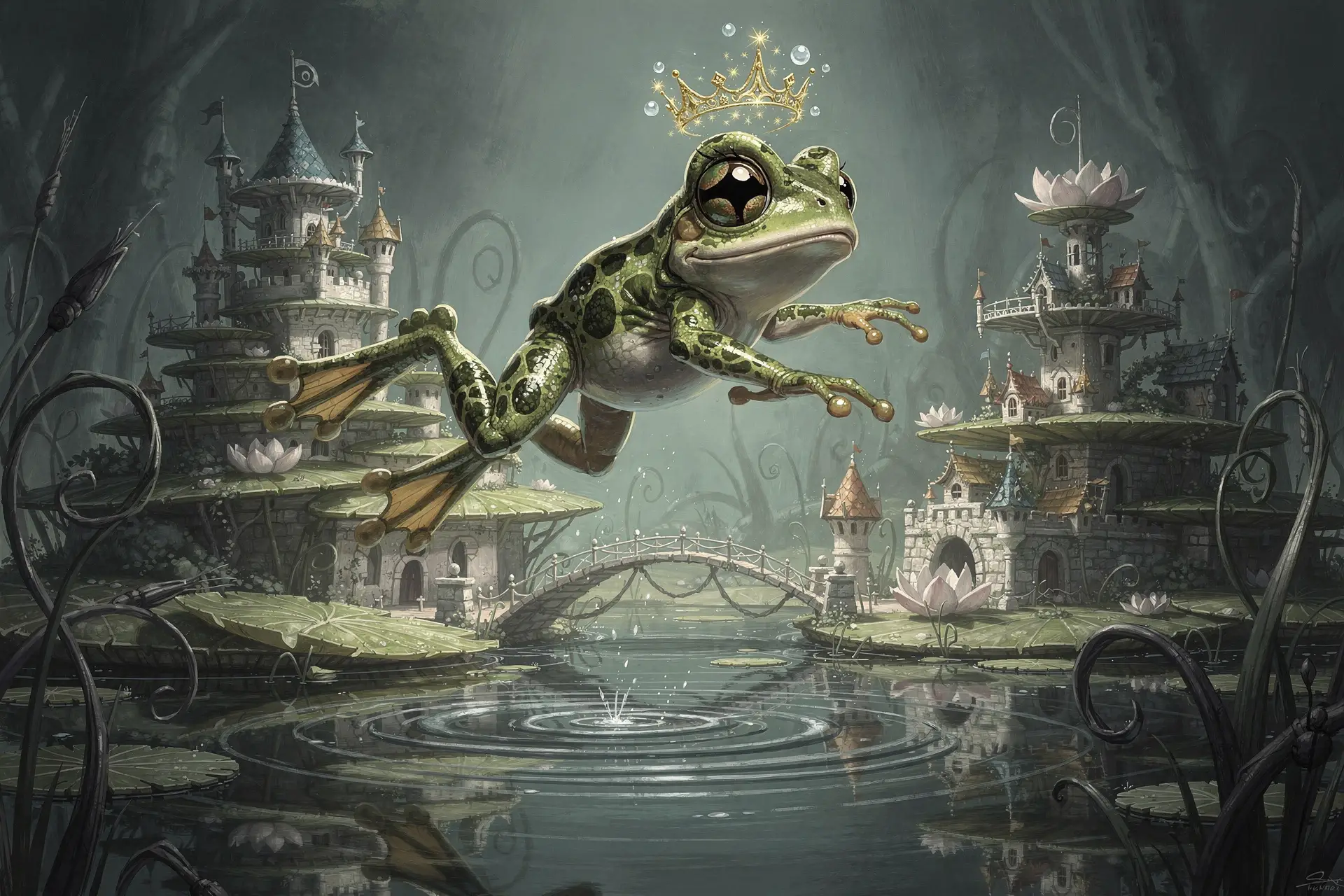 Bébé grenouille bondissant au-dessus d’un royaume fantastique de nénuphars