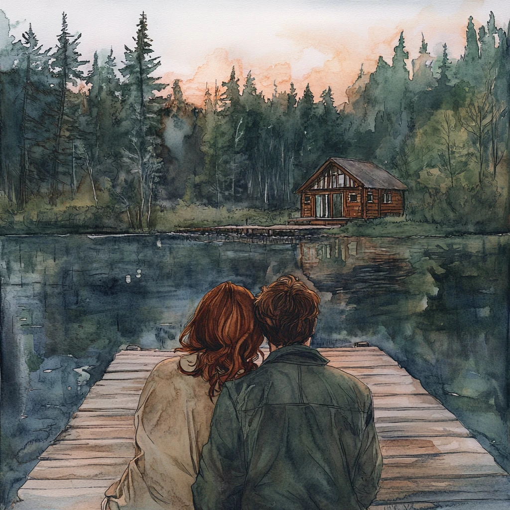 Couple assis sur un ponton au bord d’un lac au coucher de soleil chaleureux