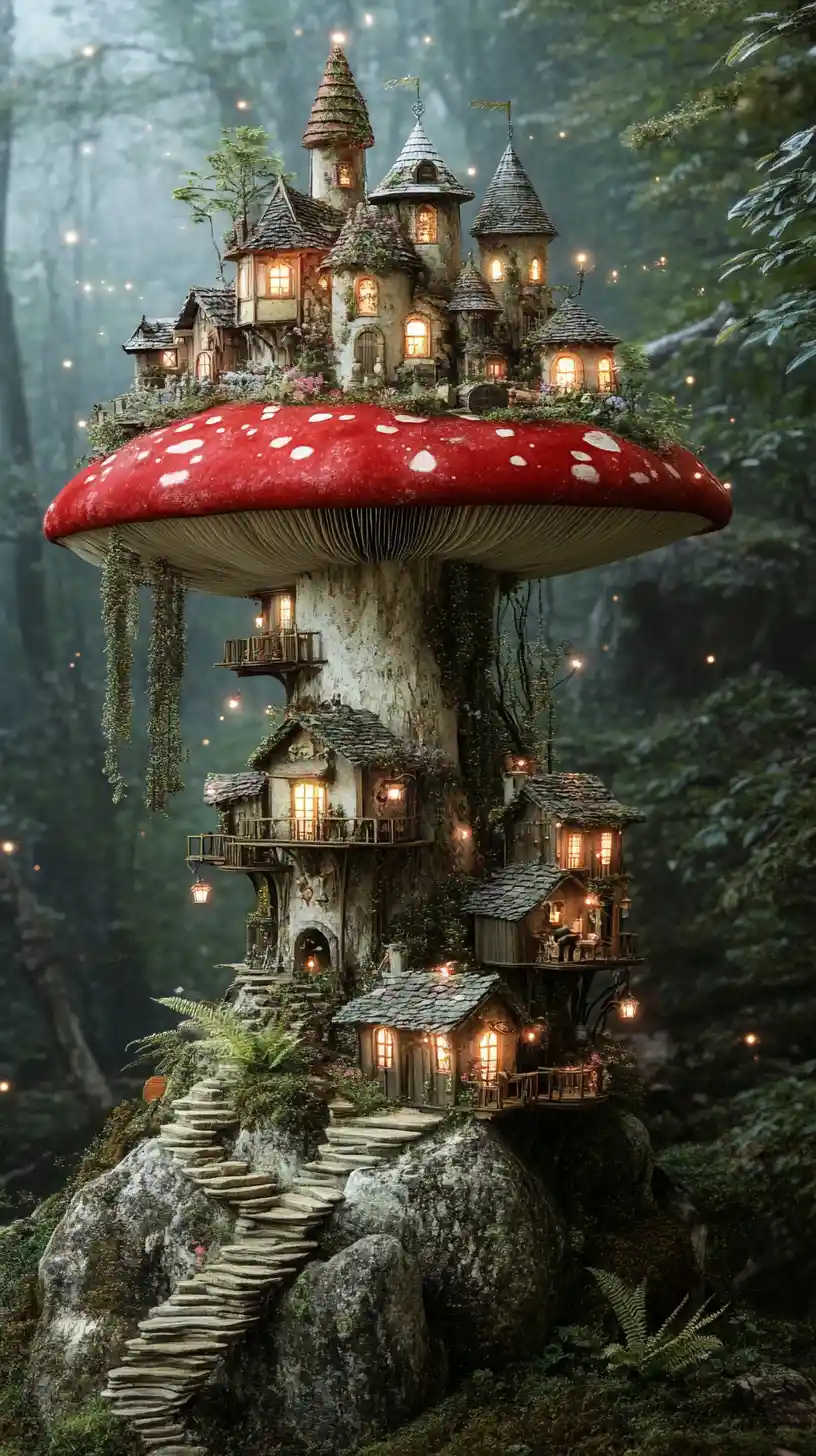 Fairytale mushroom city rising above a glowing forest