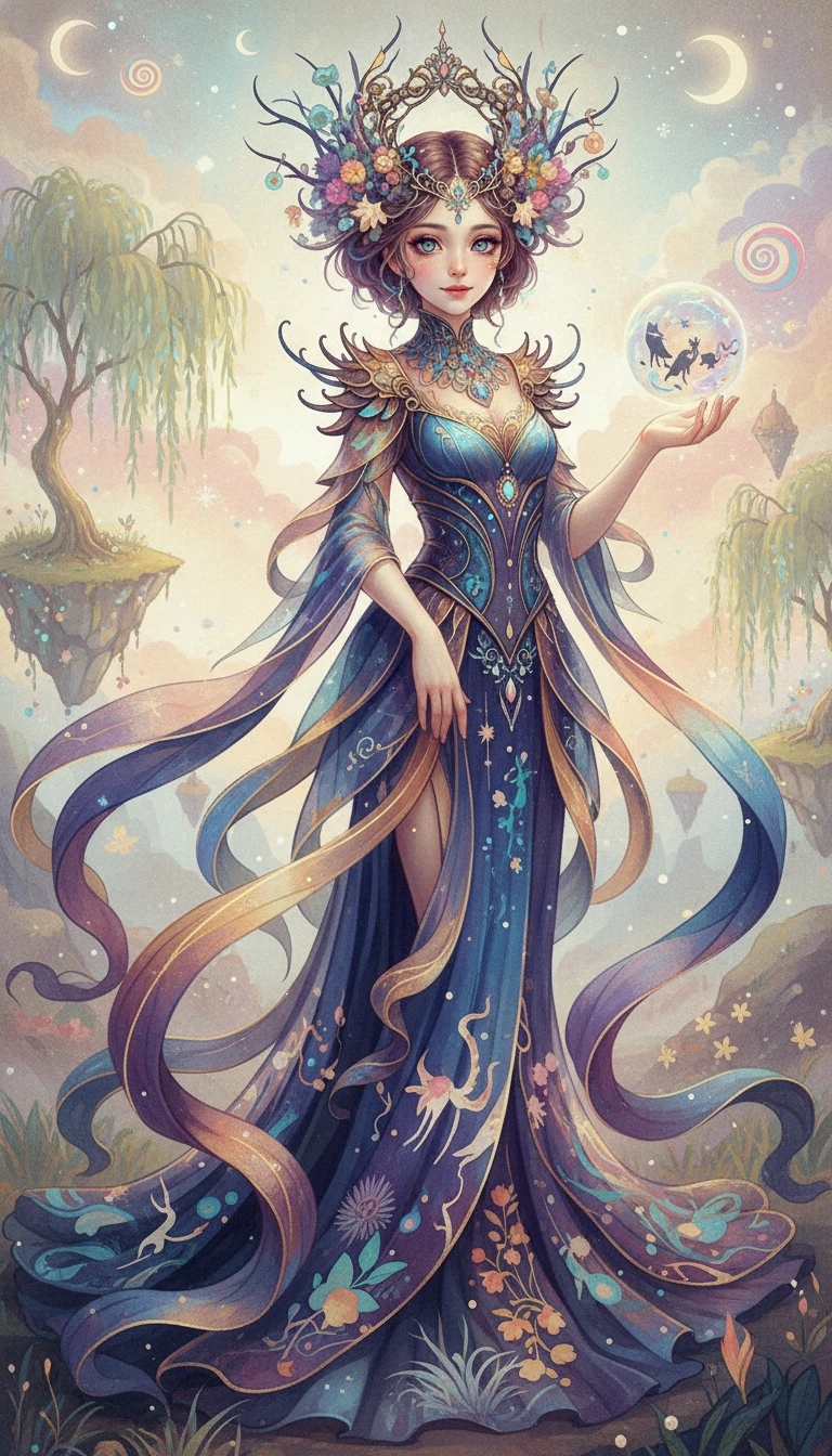 夢幻奇境中神祕年輕女子的全身肖像