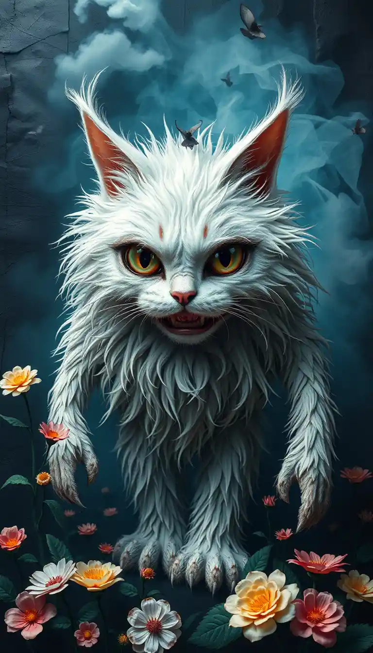 Surreal fuzzy white cat creature in foggy paper garden