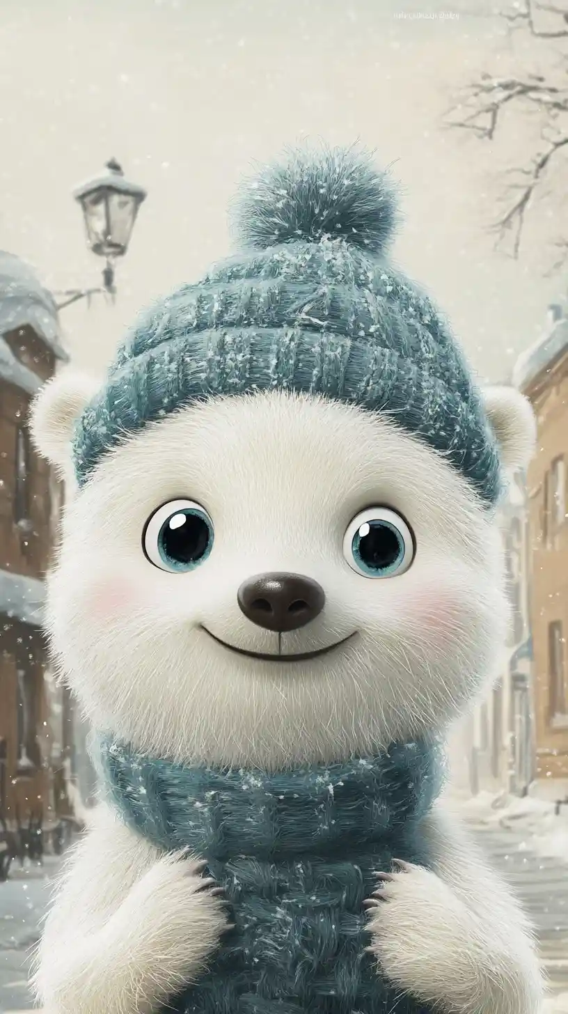 Cute polar bear in a winter town 3d illustration