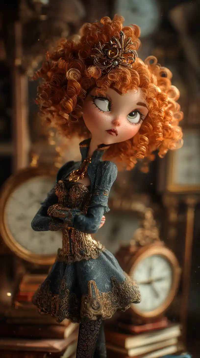 Porcelain doll in dim room with clocks and books