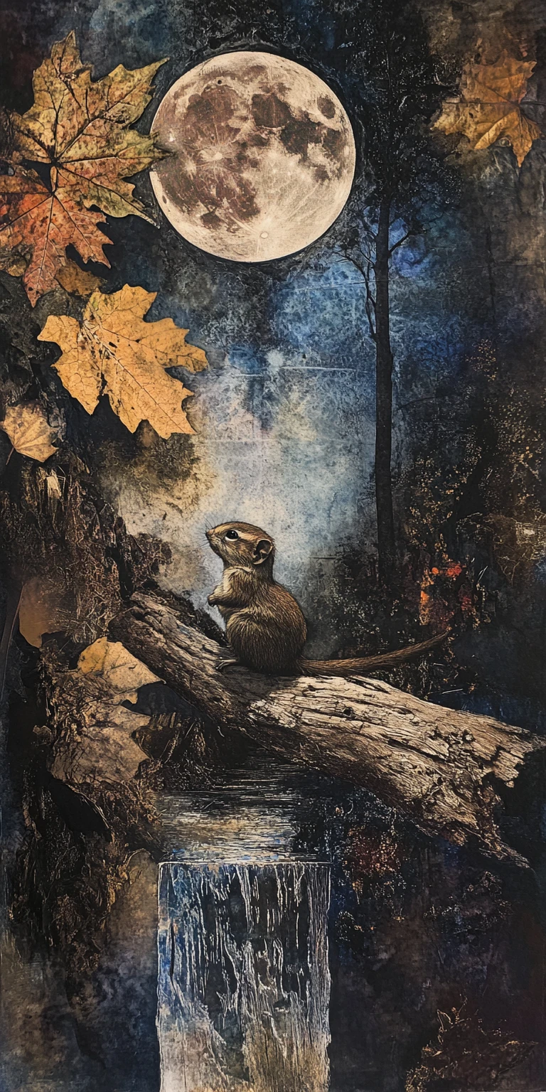 Chipmunk collage emerging from forest textures at dusk