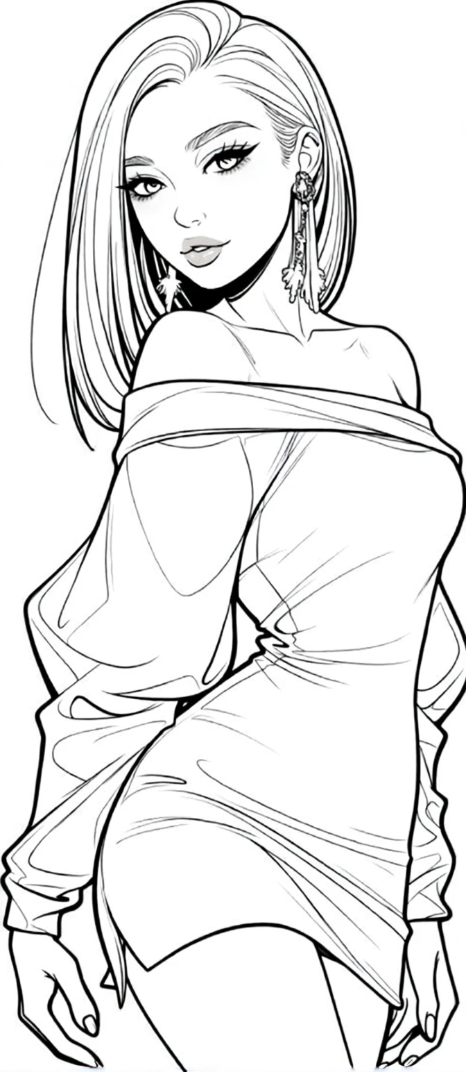 Ritratto line art di donna elegante con abito a spalle scoperte