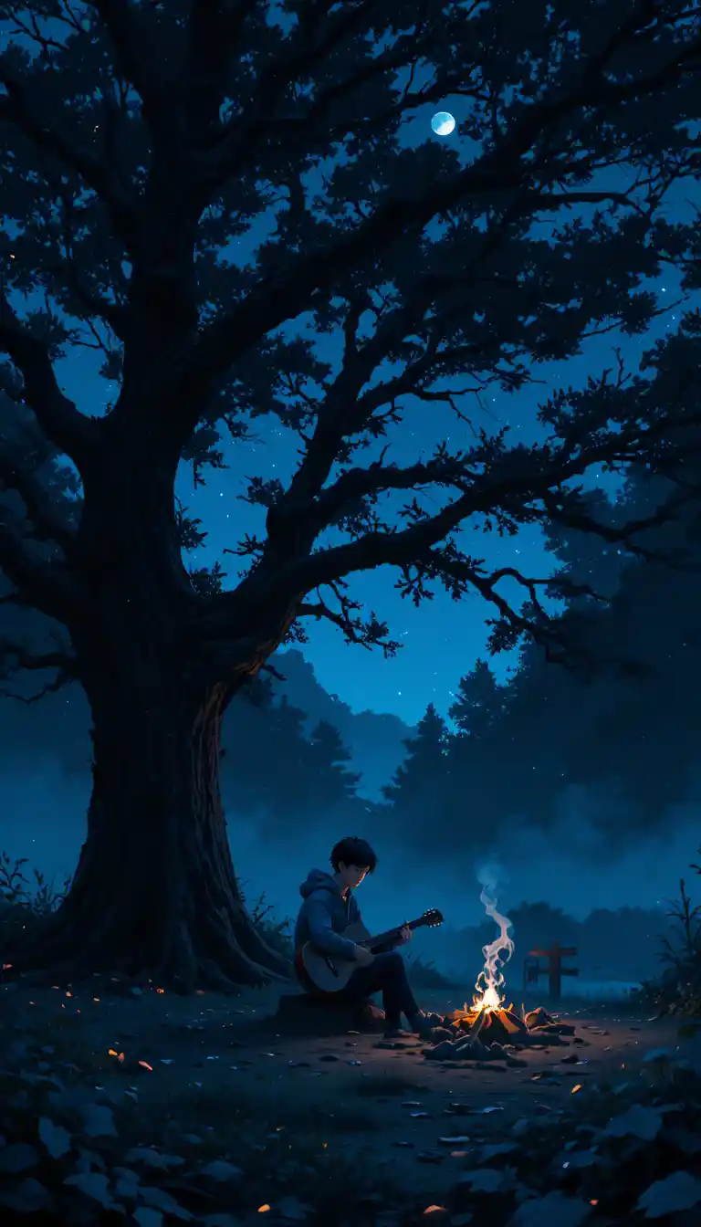 Anime-Junge mit Gitarre unter einem mondbeschienenen Waldbaum