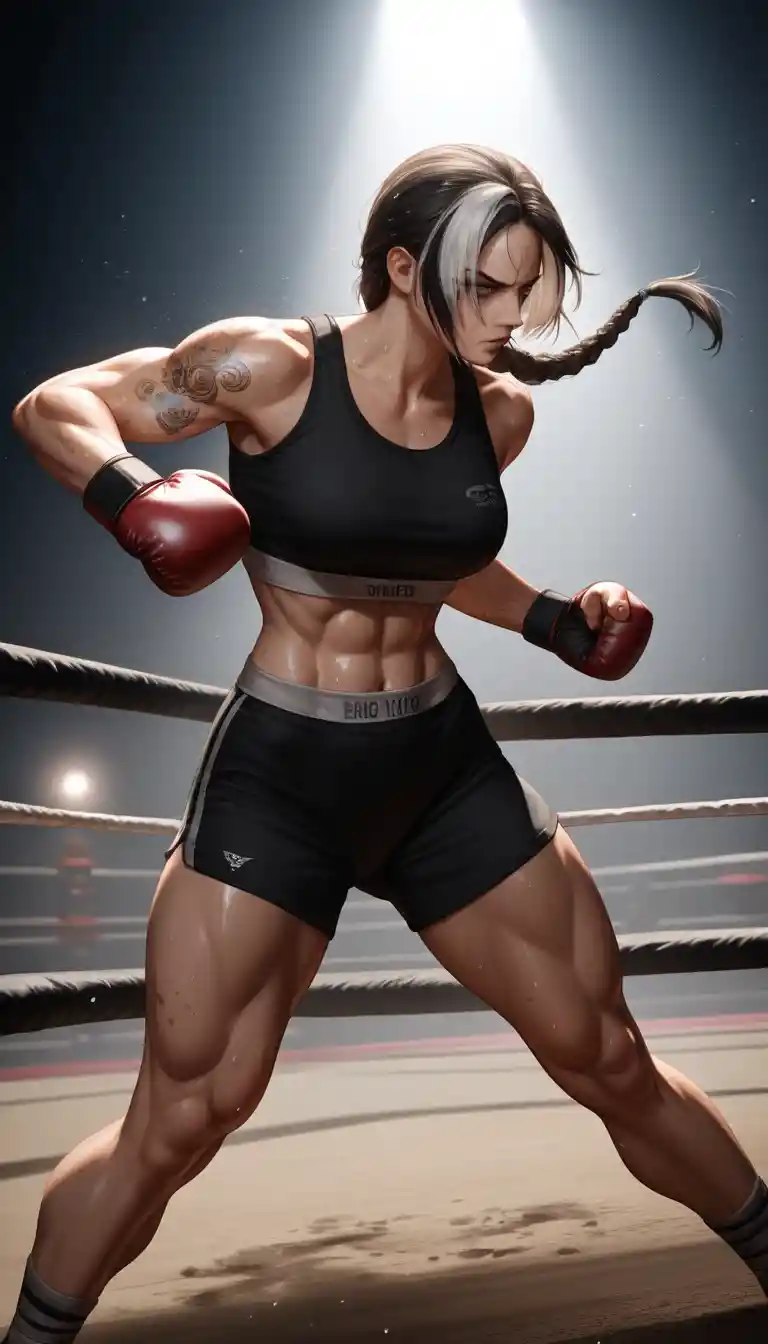 Fierce female fighter punching a dusty boxing bag