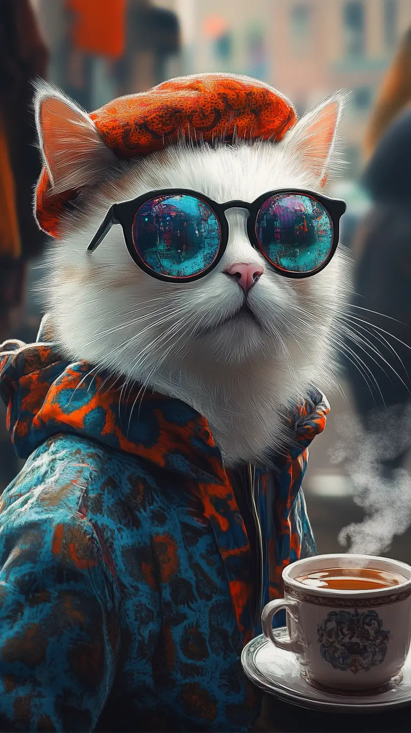 Gato blanco con boina naranja y té en la ciudad