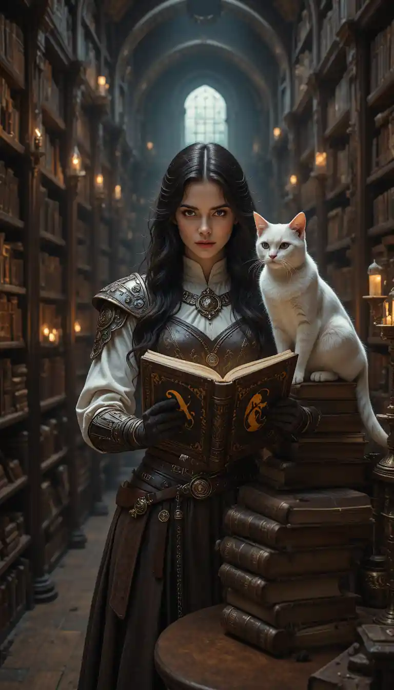 Guerrière érudite lisant un antique grimoire dans une vaste bibliothèque