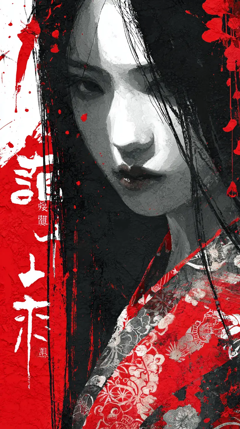 Melancholic Japanese girl portrait in crimson ink