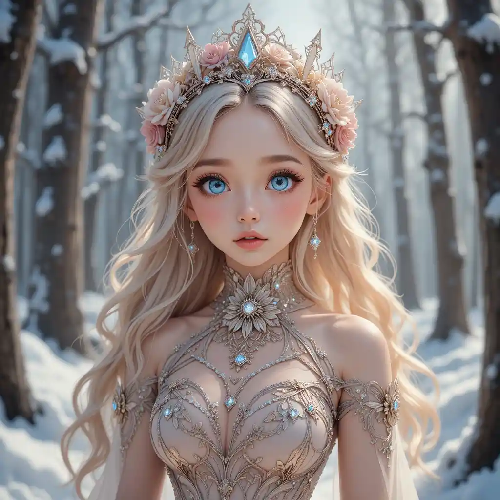 Ragazza anime con abito floreale di cristallo in una foresta invernale