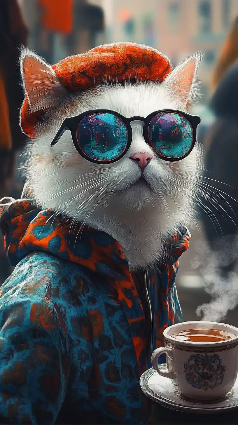 White cat in orange beret with tea in the city