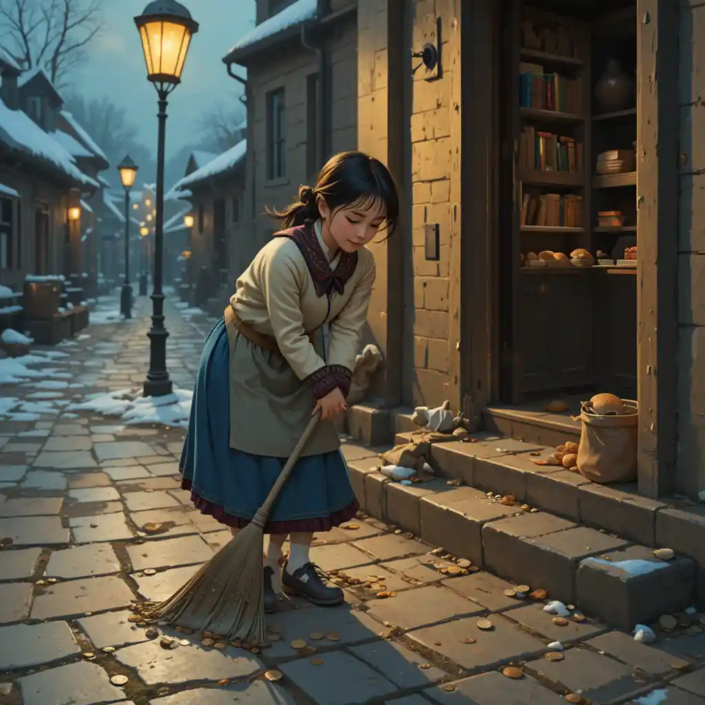 Jeune fille balayant les marches de la boulangerie au petit matin