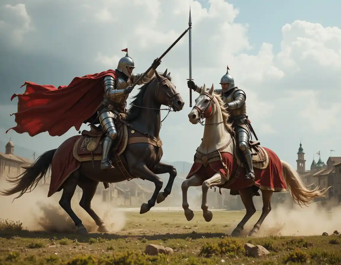 Two medieval knights jousting in a dramatic head on charge