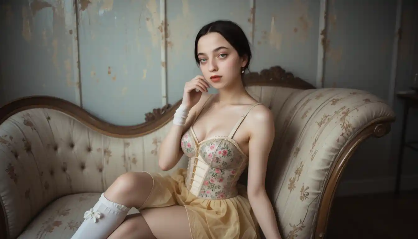 Young woman on vintage chaise lounge in soft pastel tones