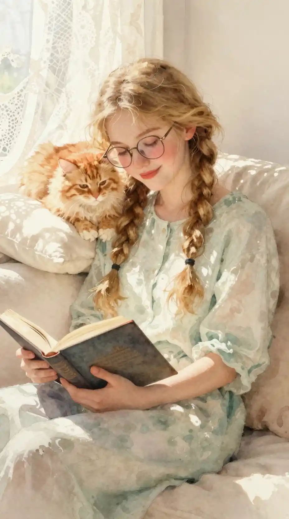 Cozy watercolor girl reading with cat in morning light