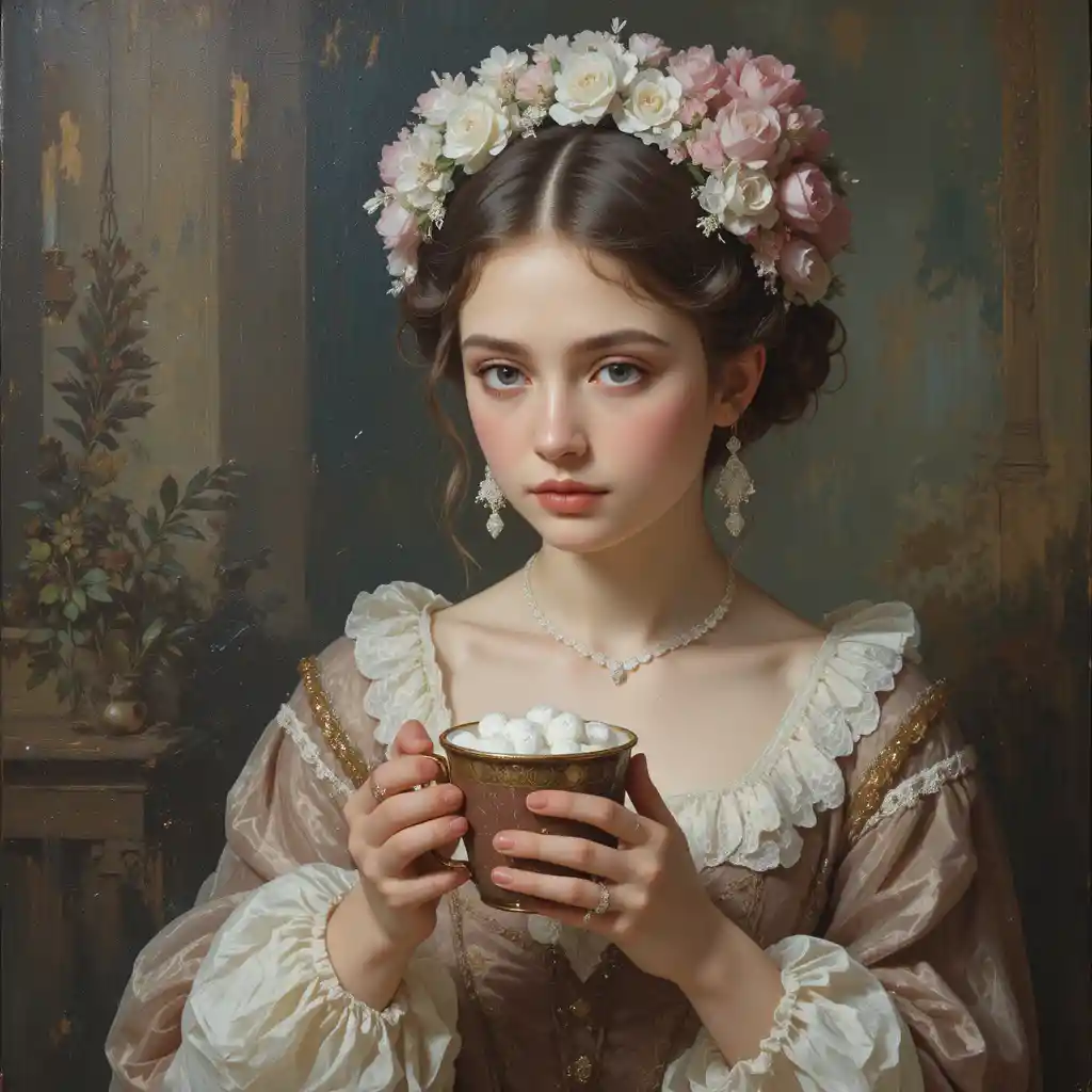 Eighteenth century woman enjoying hot chocolate in pastel tones