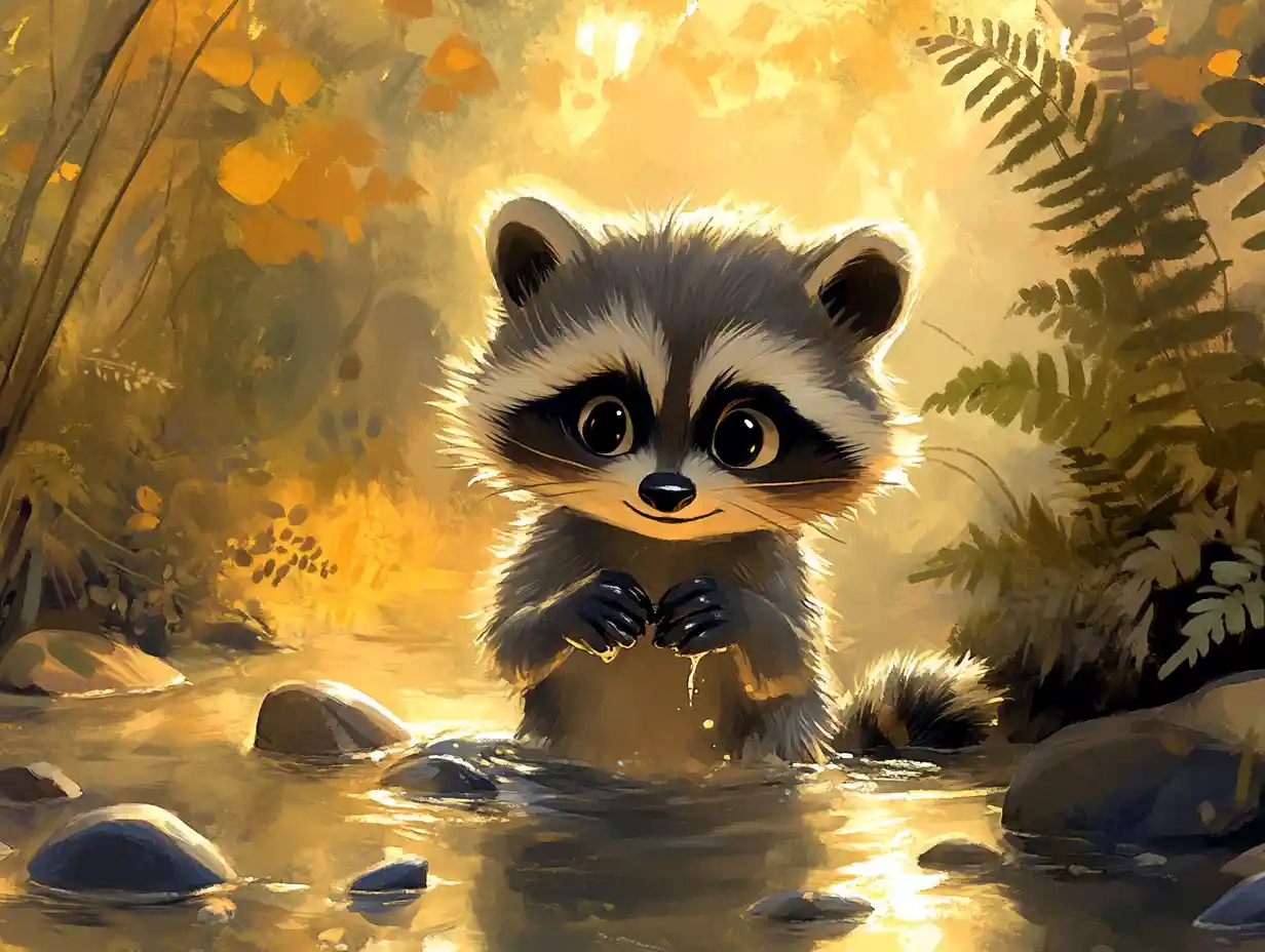 Baby raccoon washing paws in a golden forest stream