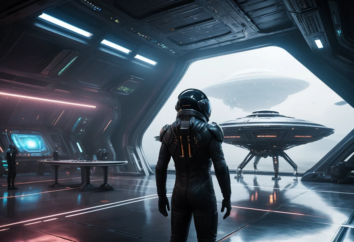Lone pilot in futuristic space hangar facing distant planet