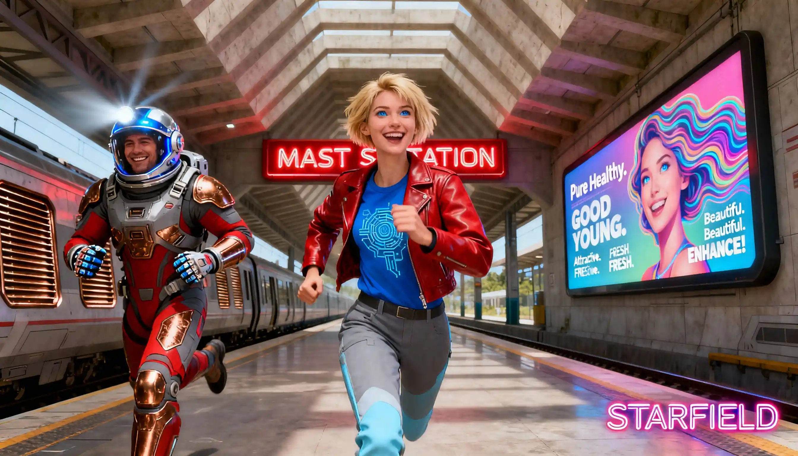 Donna sorridente che corre in una stazione futuristica al neon