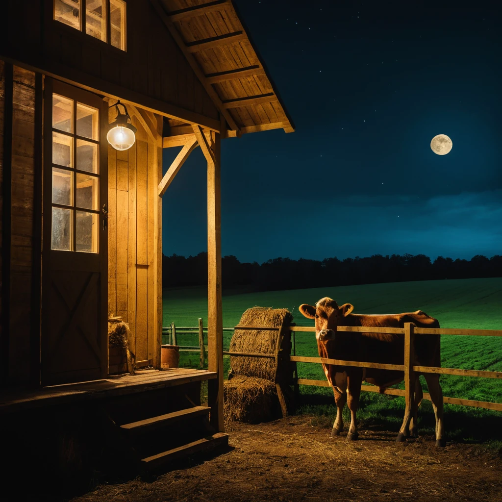 Nude collared woman in straw under cold moonlit barn