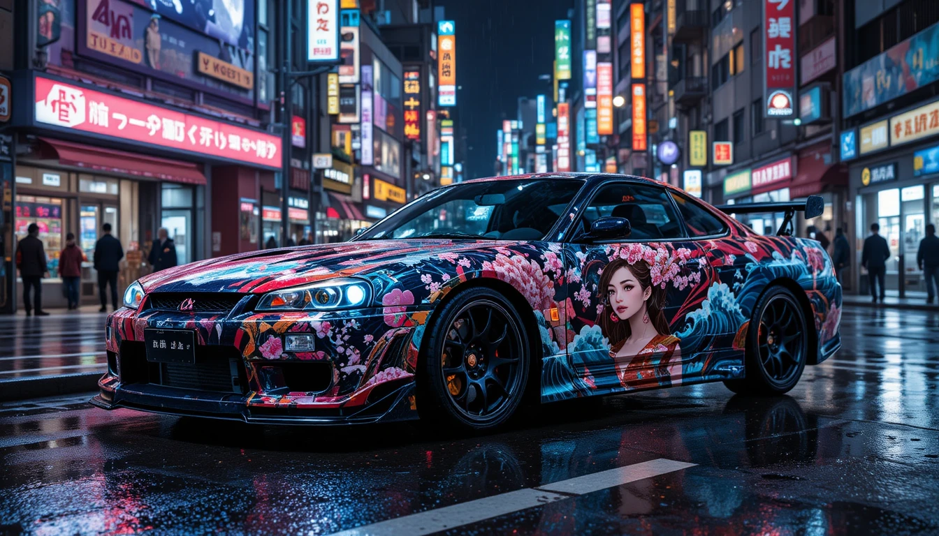 Coche deportivo itasha de anime bajo luces de neón bajo la lluvia de Tokio