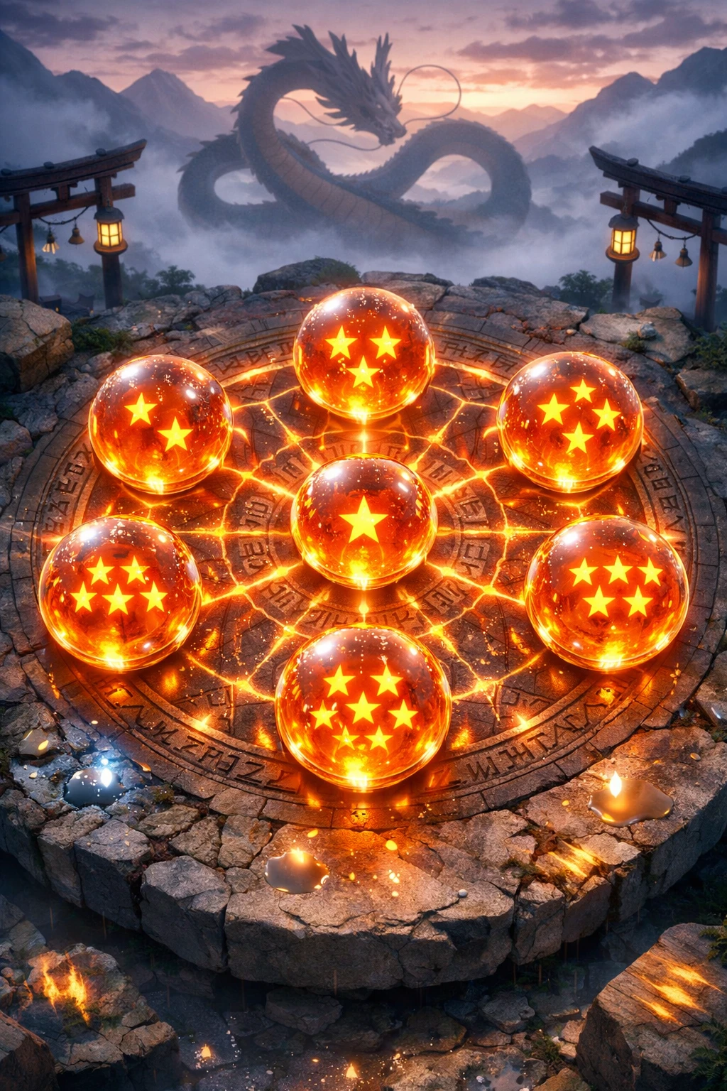 Siete orbes de cristal brillantes en un círculo de mandala de anime