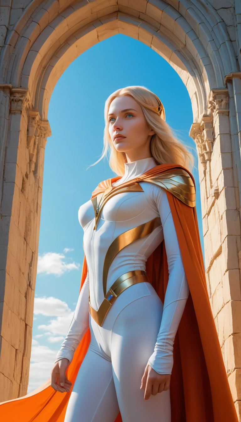 Mujer rubia heroica frente a un castillo de fantasía bañado por el sol