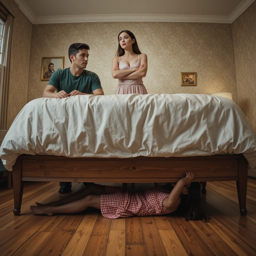Man on bed facing shocked woman in modern bedroom