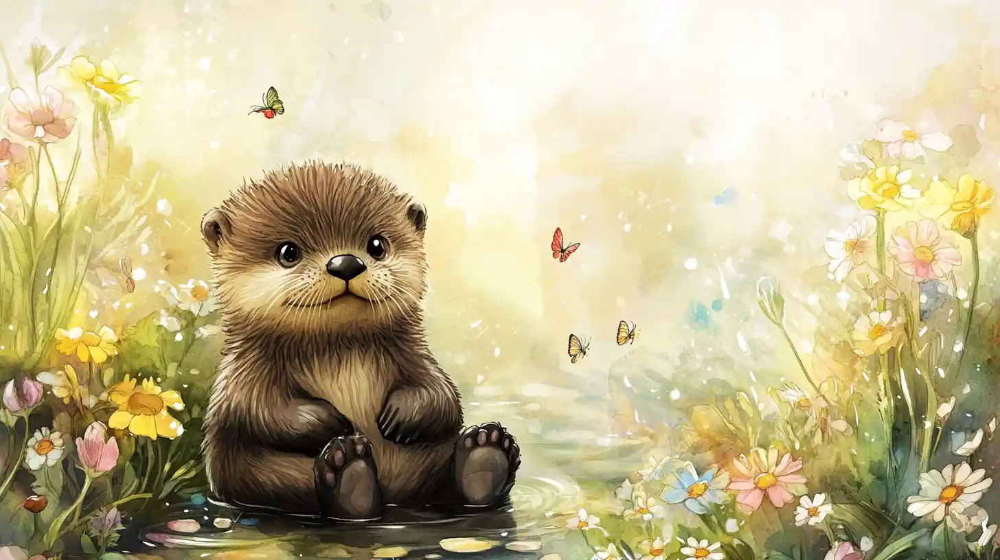 Cute baby otter in watercolor meadow illustration