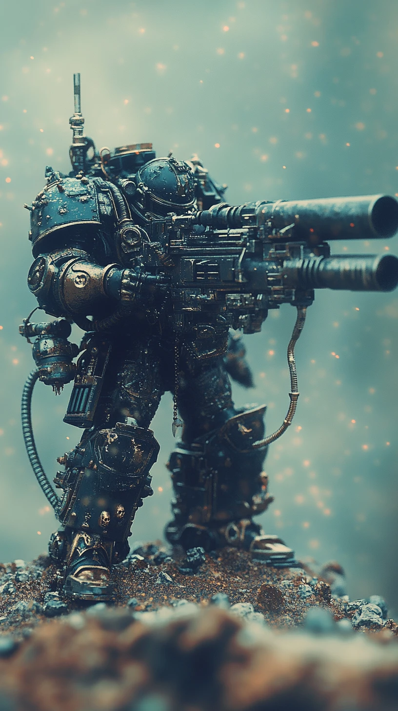 Armored soldier with massive gun in foggy battlefield scene