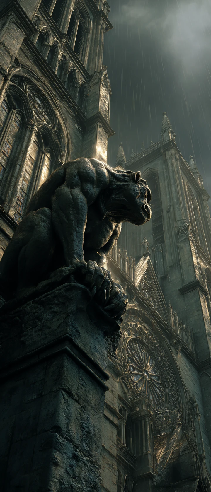 Close Up Gargoyle On Crumbling Gothic Cathedral At Night