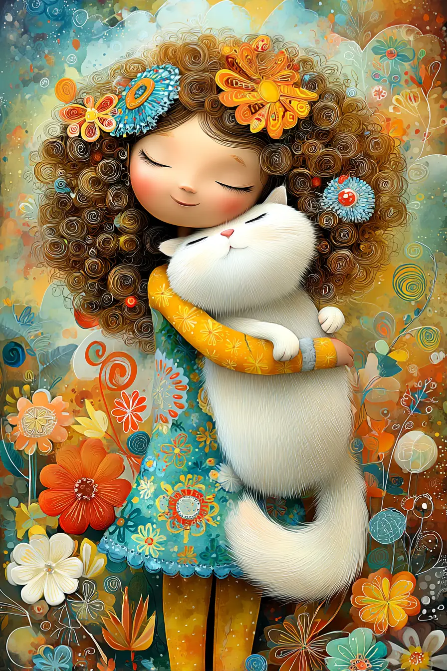 Whimsical girl hugging a fluffy cat illustration