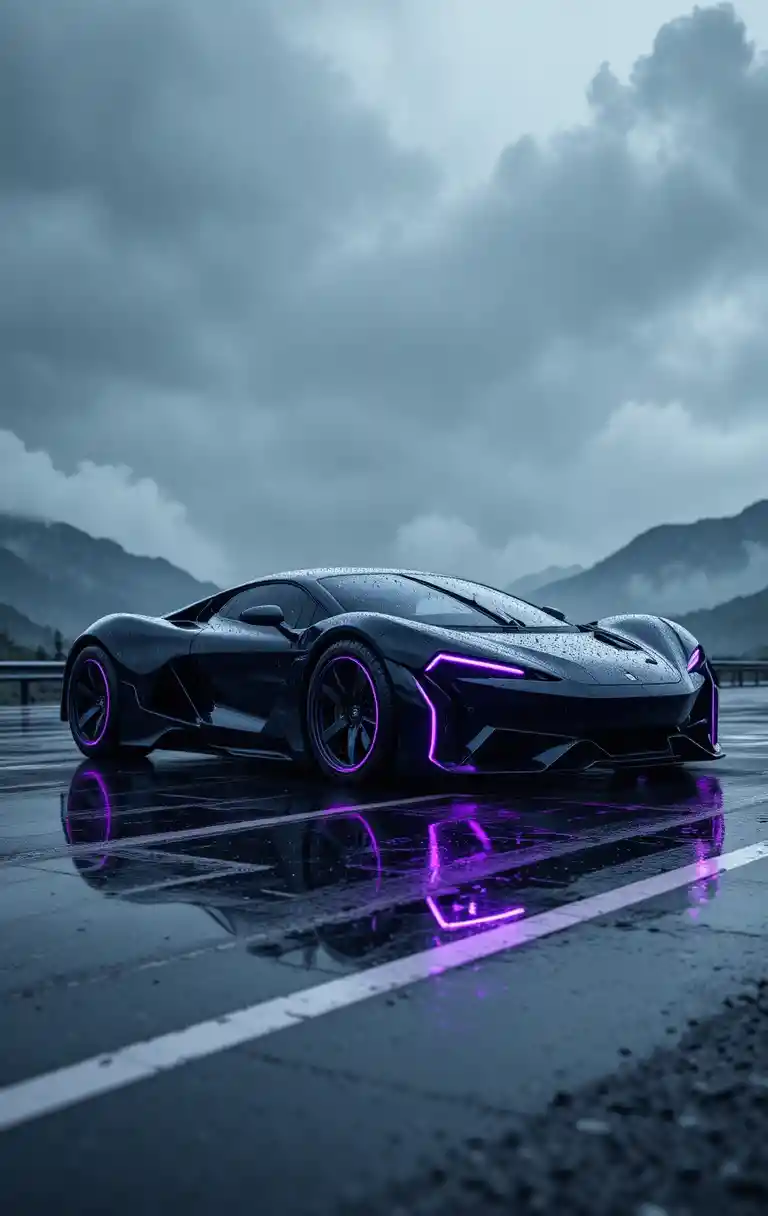 Futuristic black electric sports car on rainy mountain road