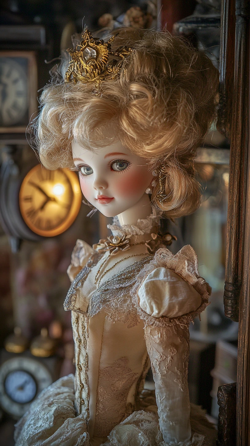Whimsical porcelain doll in a dim candlelit room