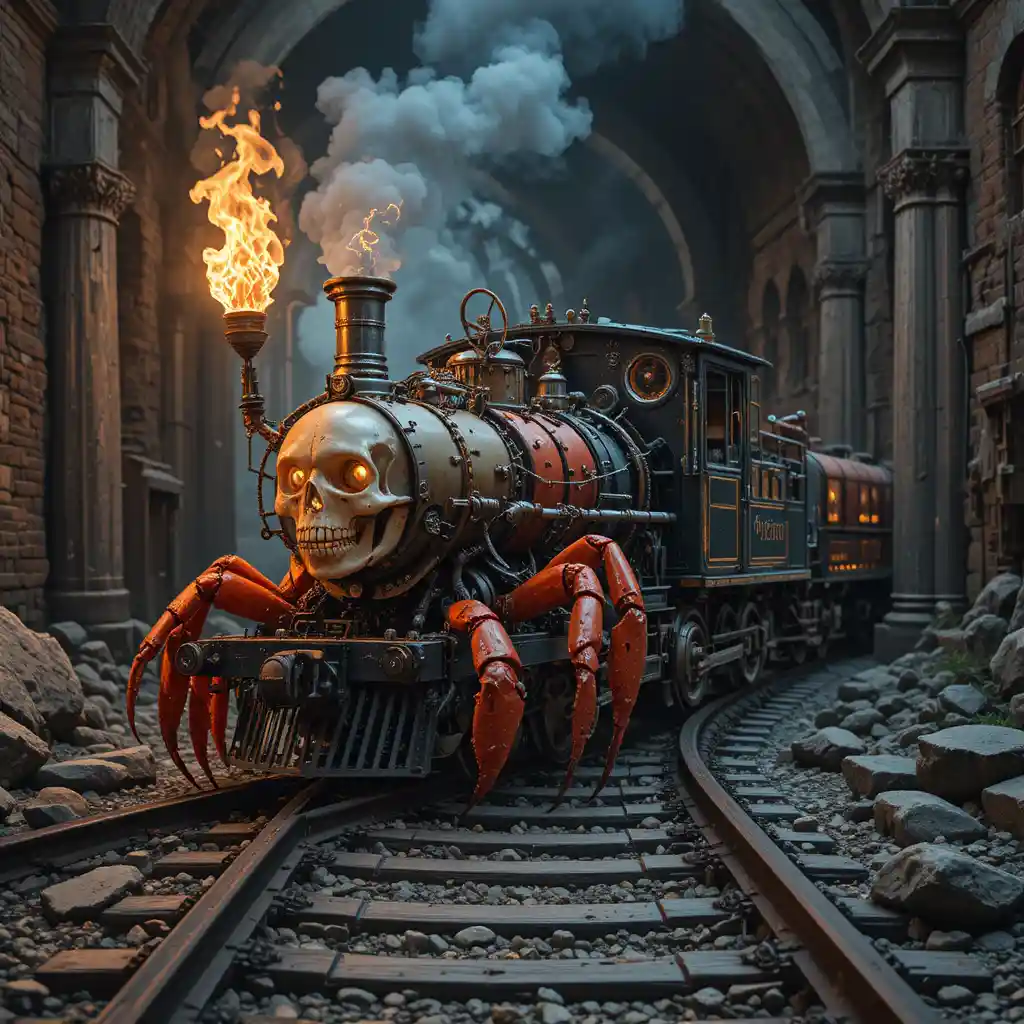 Trem caranguejo mecânico nos portões flamejantes do inferno