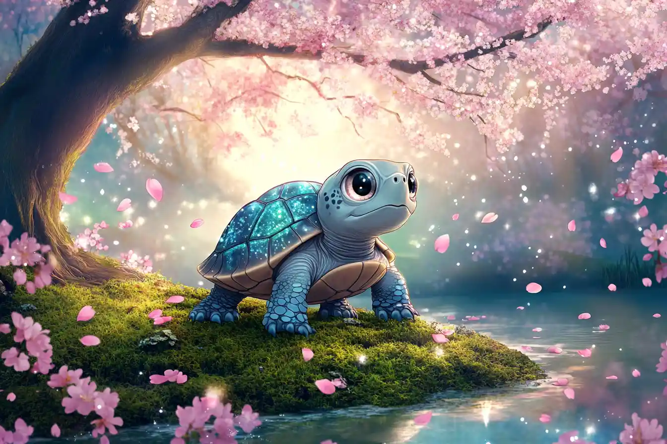 Cute baby turtle under cherry blossoms at dawn