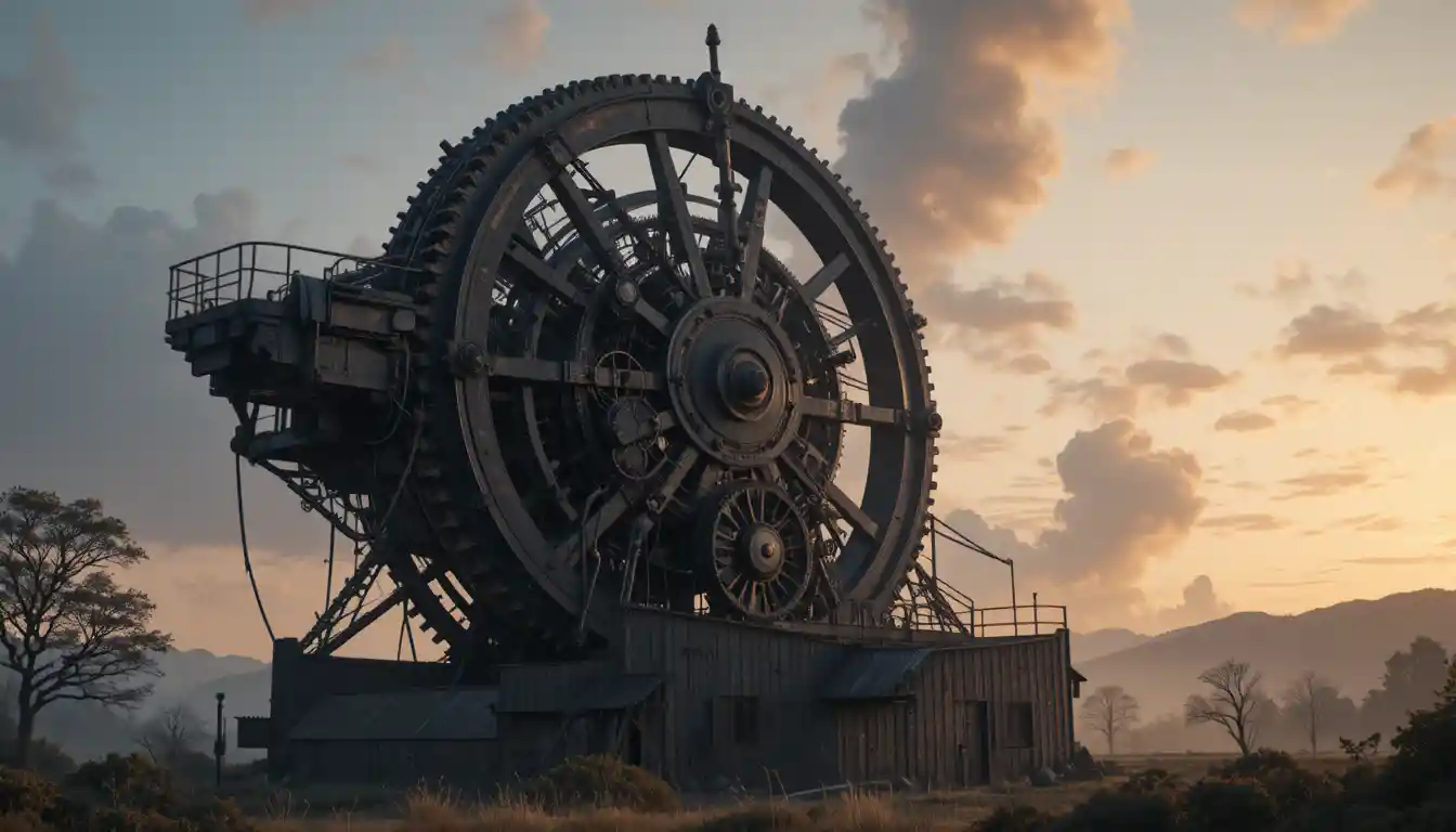 Steampunk clockwork mechanism above an abandoned twilight workshop