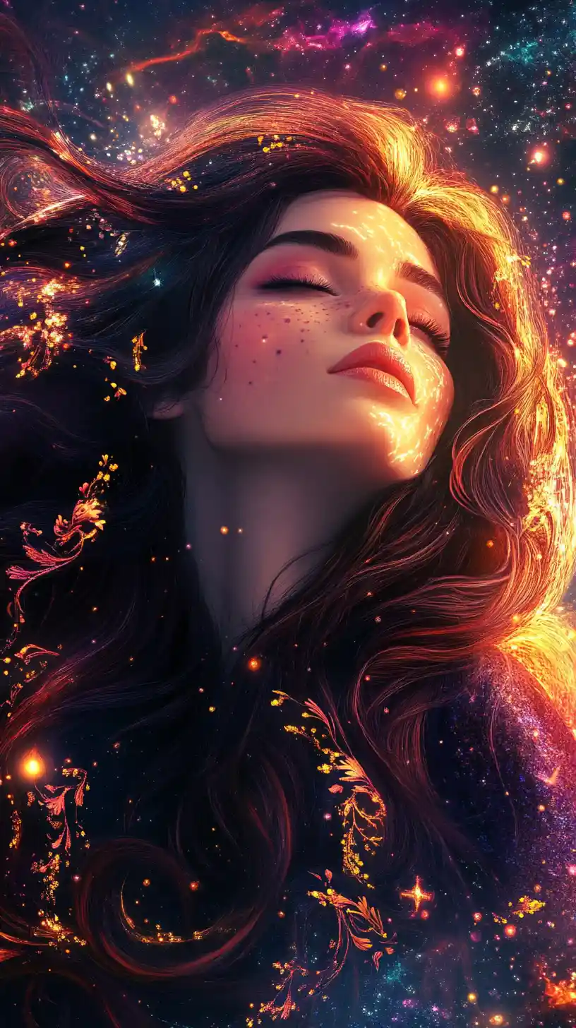 Ethereal cosmic woman with nebula hair and closed eyes