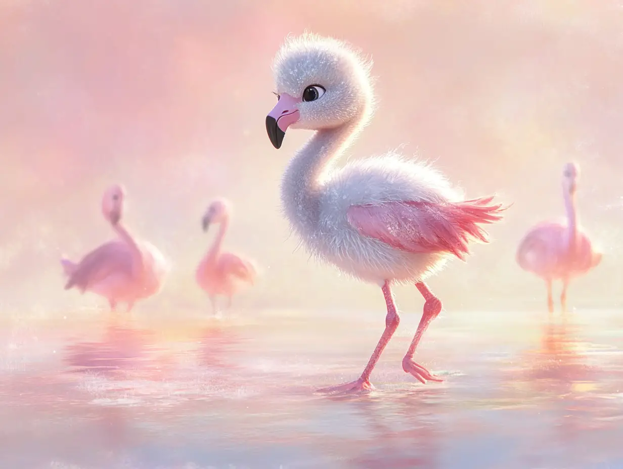 Baby flamingo chick in a tranquil coastal lagoon watercolor