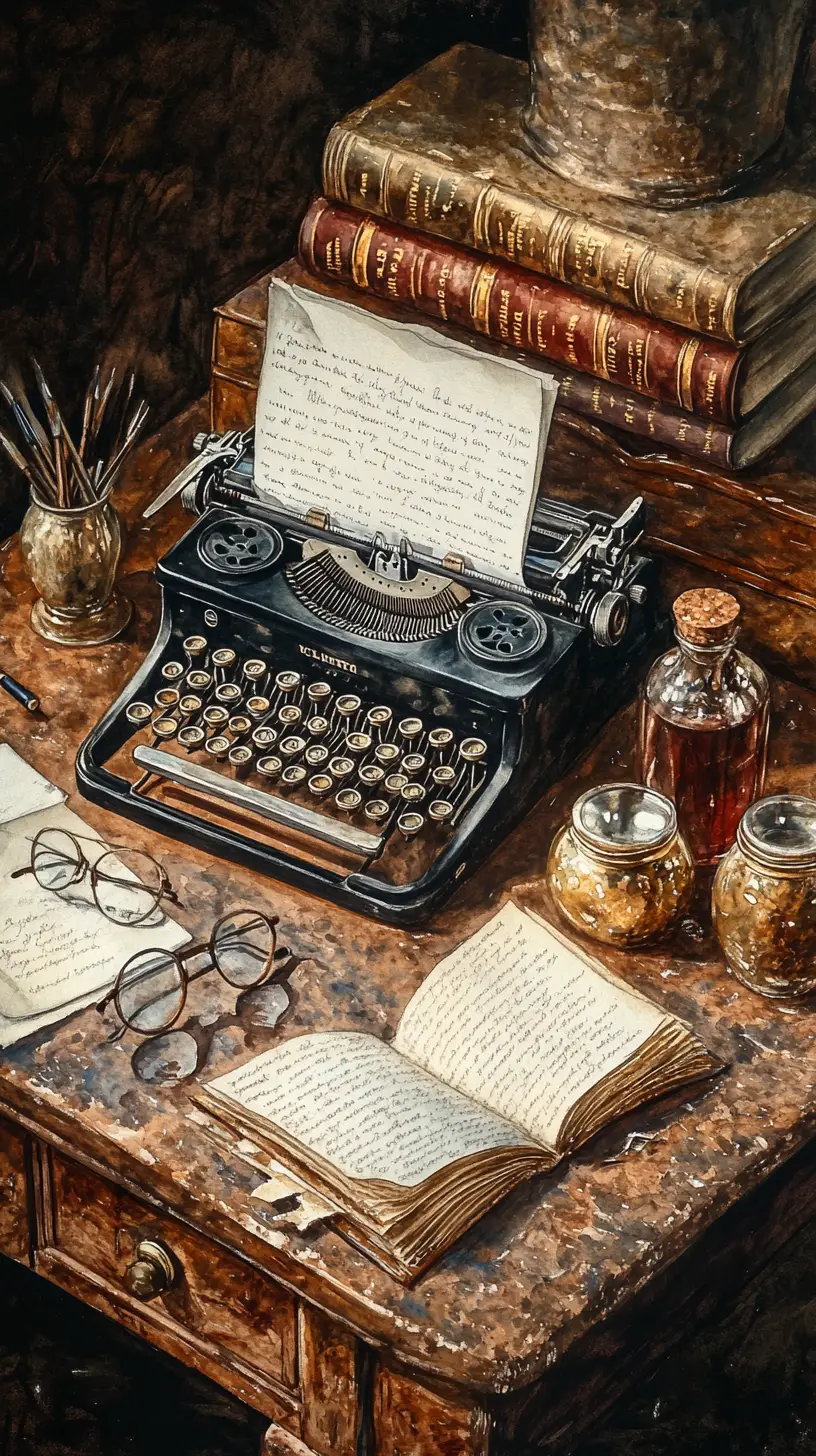 Vintage Typewriter And Writing Tools On A Worn Desk