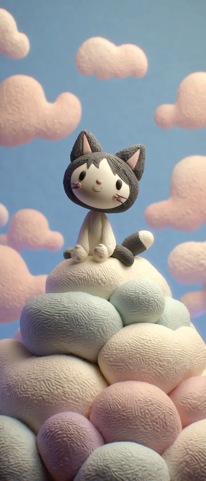 Cute clay anime cat girl resting on cloud pillow