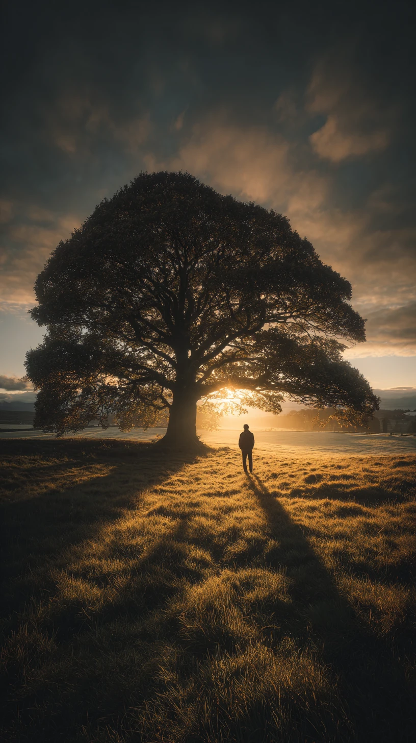 Figura solitaria bajo un antiguo árbol al atardecer dorado
