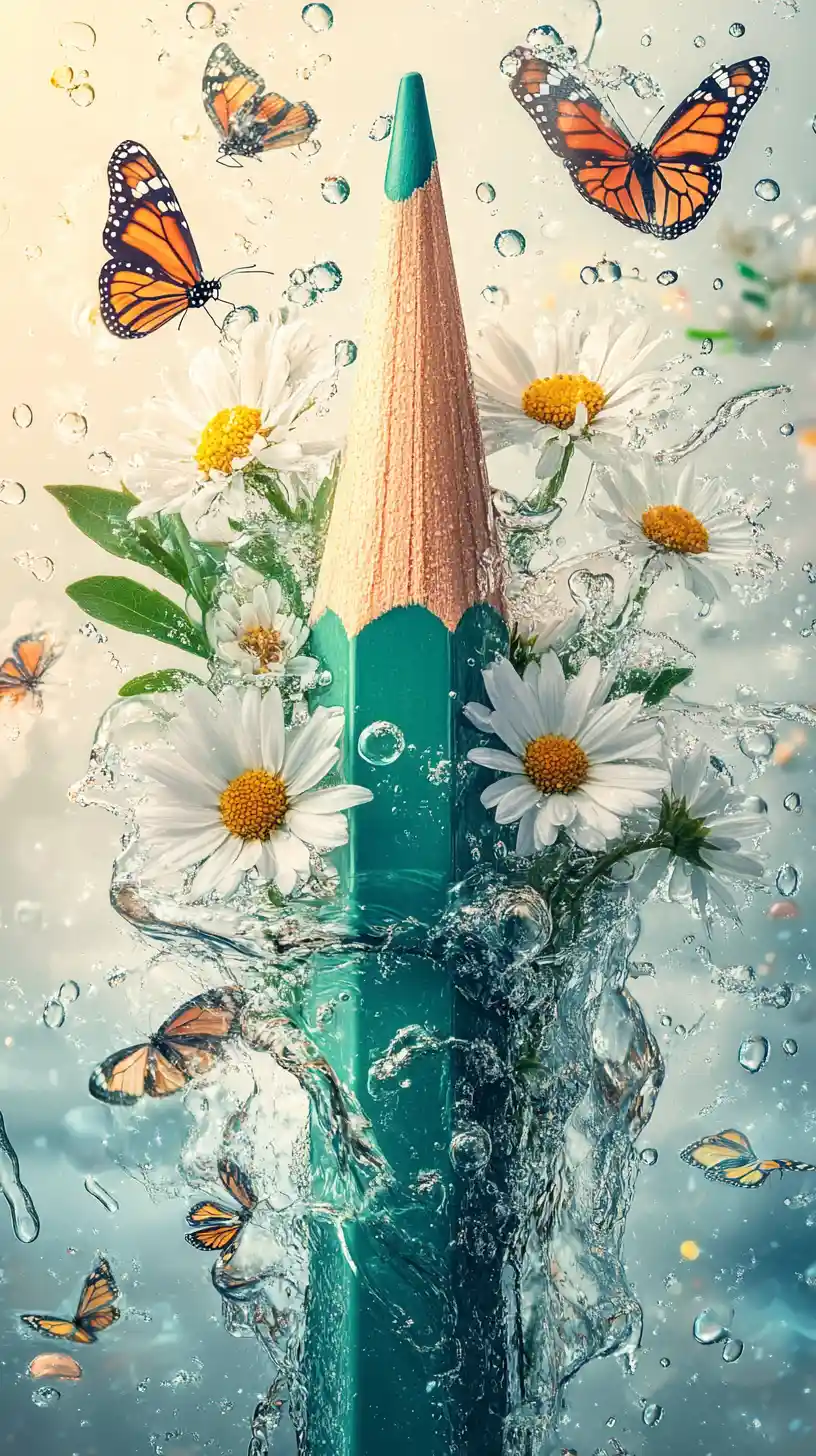 Surrealer türkisfarbener Bleistift unter Wasser mit Gänseblümchen und Schmetterlingen