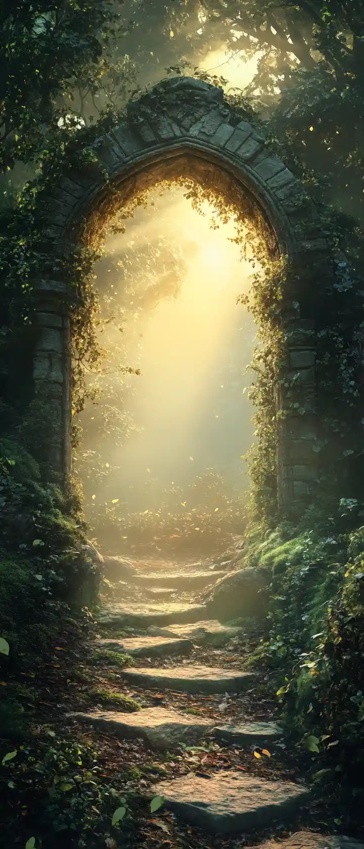 Ancient forest path leading to a glowing stone gateway