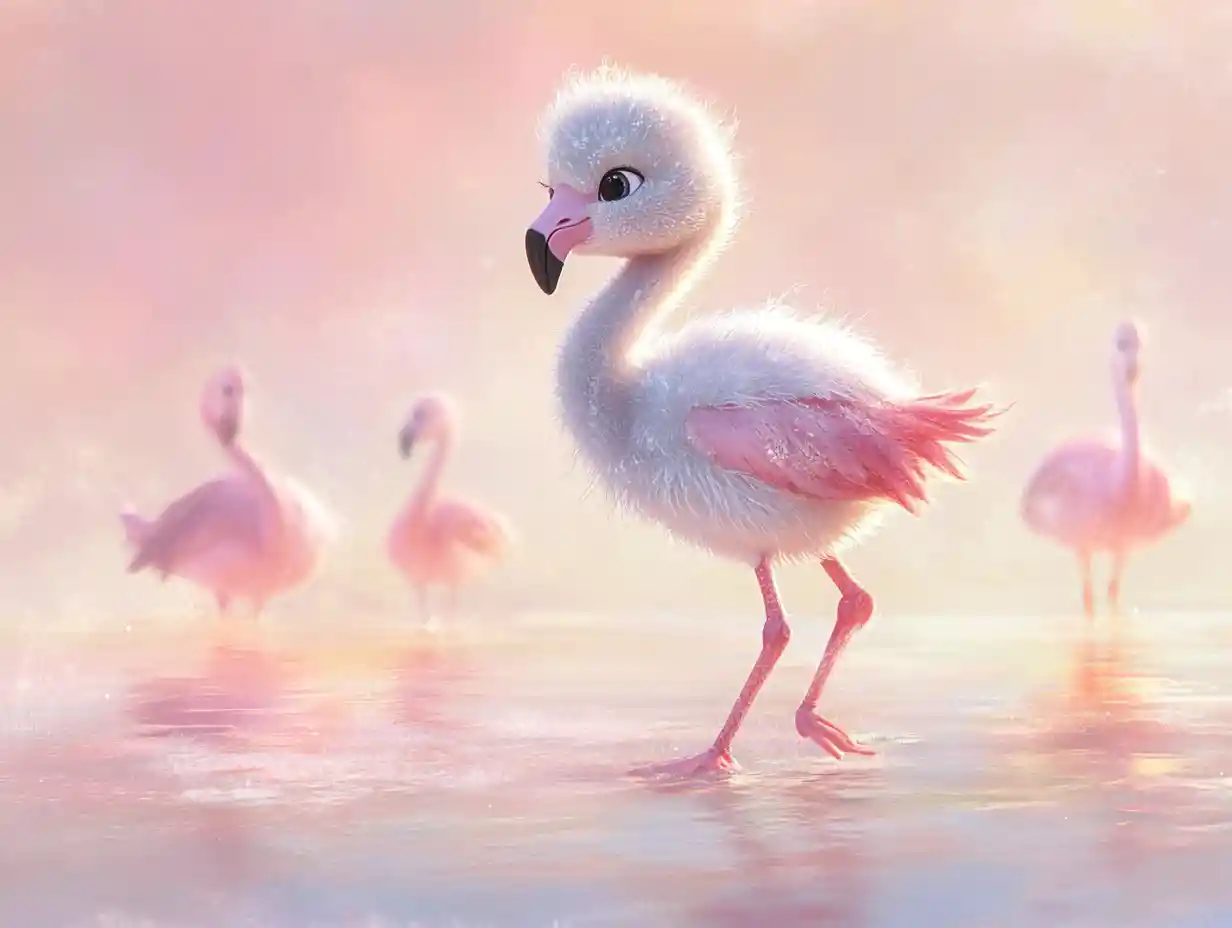 Flamingo-Küken im ruhigen Küstenlagunen-Aquarell